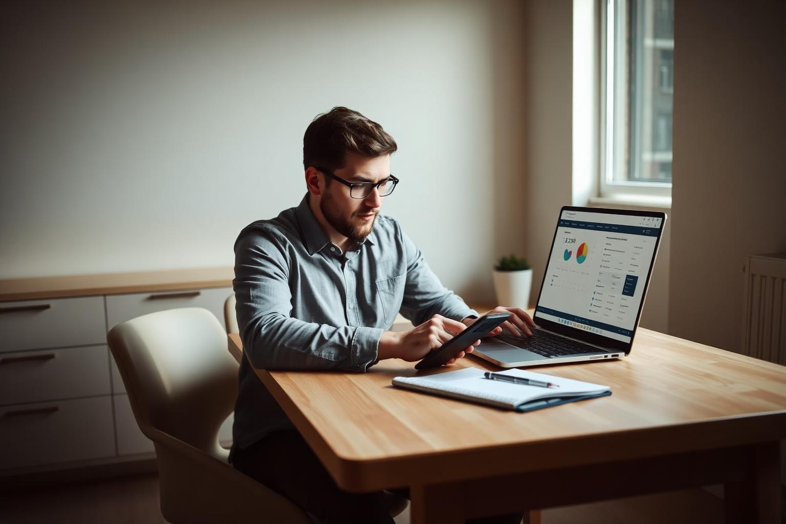 Ondernemer berekent de kosten van een professionele website op een laptop
